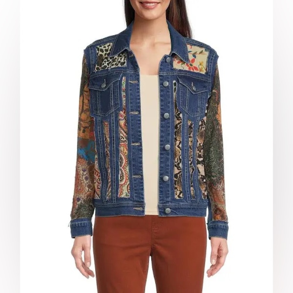 John Mark Point Collar Multi Print Patch Denim Jacket